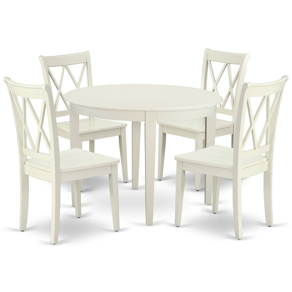 East West Furniture BOCL5-LWH-W 5 Piece Modern Dining Table Set Includes a Round Kitchen Table and 4 Dining Chairs, 42x42 Inch, Linen White