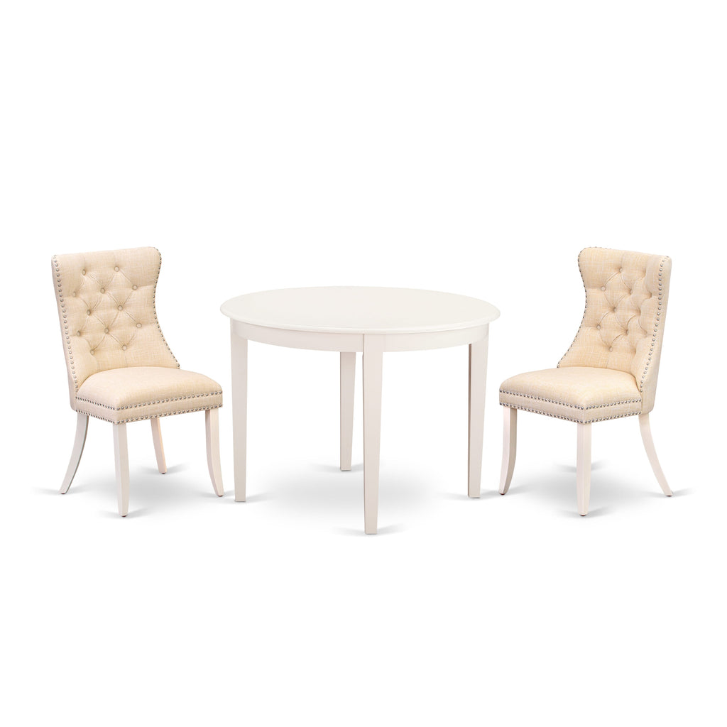 East West Furniture BODA3-WHI-32 3 Piece Dining Room Table Set Includes a Round Kitchen Table and 2 Upholstered Parson Chairs, 42x42 Inch, linen white