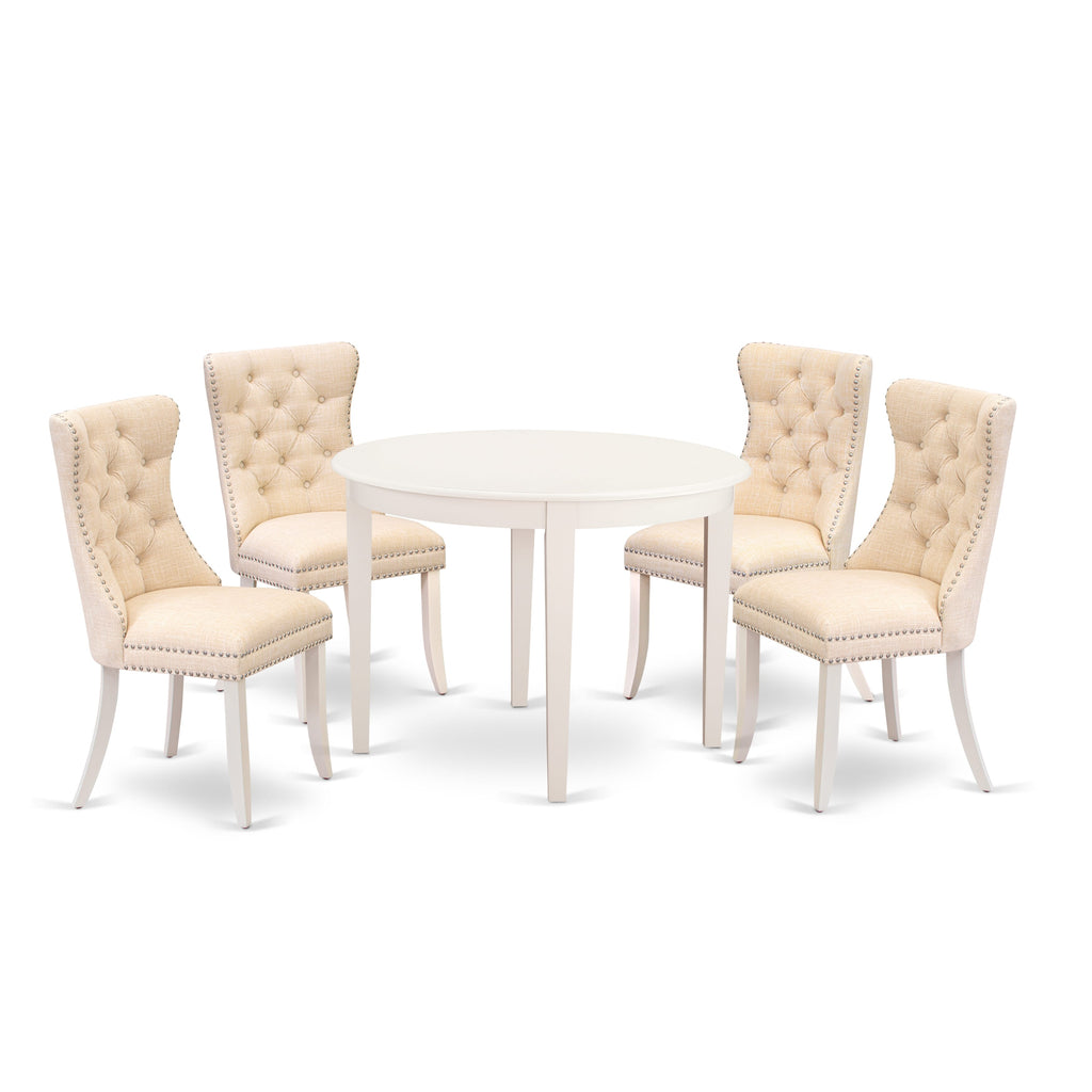 East West Furniture BODA5-WHI-32 5 Piece Kitchen Table & Chairs Set Contains a Round Dining Table and 4 Upholstered Parson Chairs, 42x42 Inch, linen white