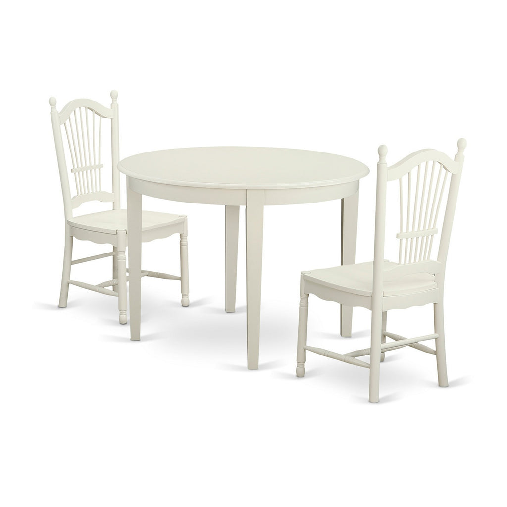 East West Furniture BODO3-WHI-W 3 Piece Dining Set Contains a Round Kitchen Table and 2 Dining Chairs, 42x42 Inch, Linen White