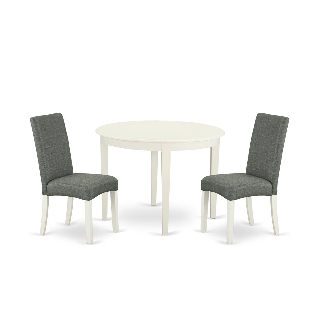 East West Furniture BODR3-LWH-07 3 Piece Dining Set Contains a Round Dining Room Table and 2 Gray Linen Fabric Upholstered Parson Chairs, 42x42 Inch, Linen White