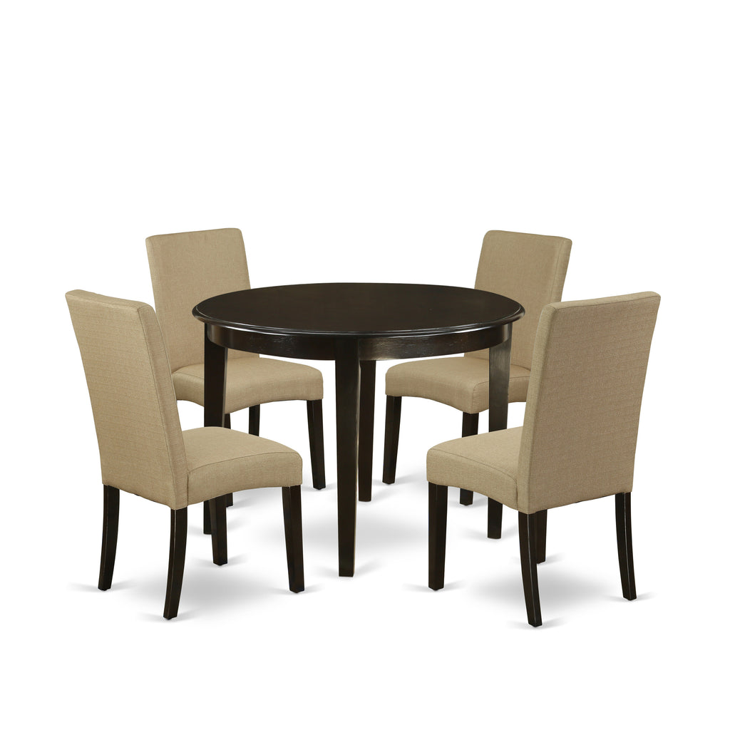East West Furniture BODR5-CAP-03 5 Piece Dining Table Set for 4 Includes a Round Kitchen Table and 4 Brown Linen Fabric Parson Dining Chairs, 42x42 Inch, Cappuccino