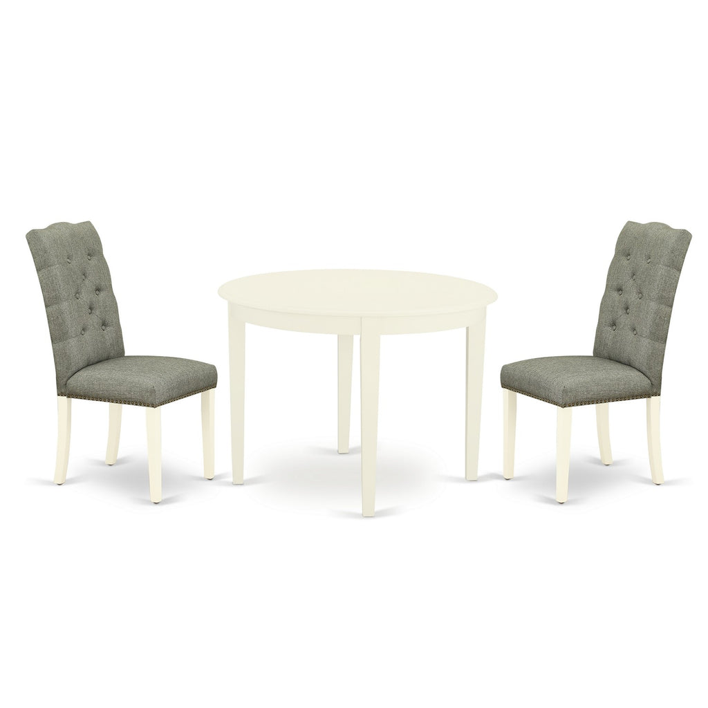 East West Furniture BOEL3-WHI-07 3 Piece Dining Table Set for Small Spaces Contains a Round Kitchen Table and 2 Gray Linen Fabric Upholstered Parson Chairs, 42x42 Inch, Linen White