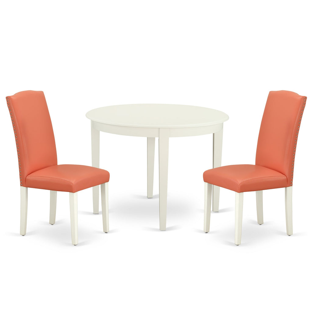 East West Furniture BOEN3-LWH-78 3 Piece Kitchen Table & Chairs Set Contains a Round Dining Room Table and 2 Pink Flamingo Faux Leather Parson Dining Room Chairs, 42x42 Inch, Linen White