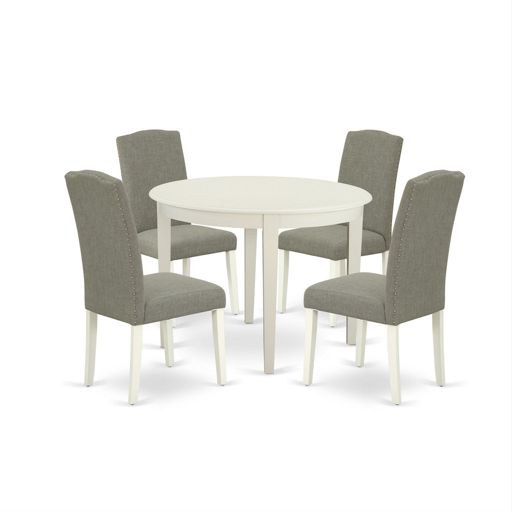 East West Furniture BOEN5-LWH-06 5 Piece Dinette Set for 4 Includes a Round Kitchen Table and 4 Dark Shitake Linen Fabric Parson Dining Room Chairs, 42x42 Inch, Linen White