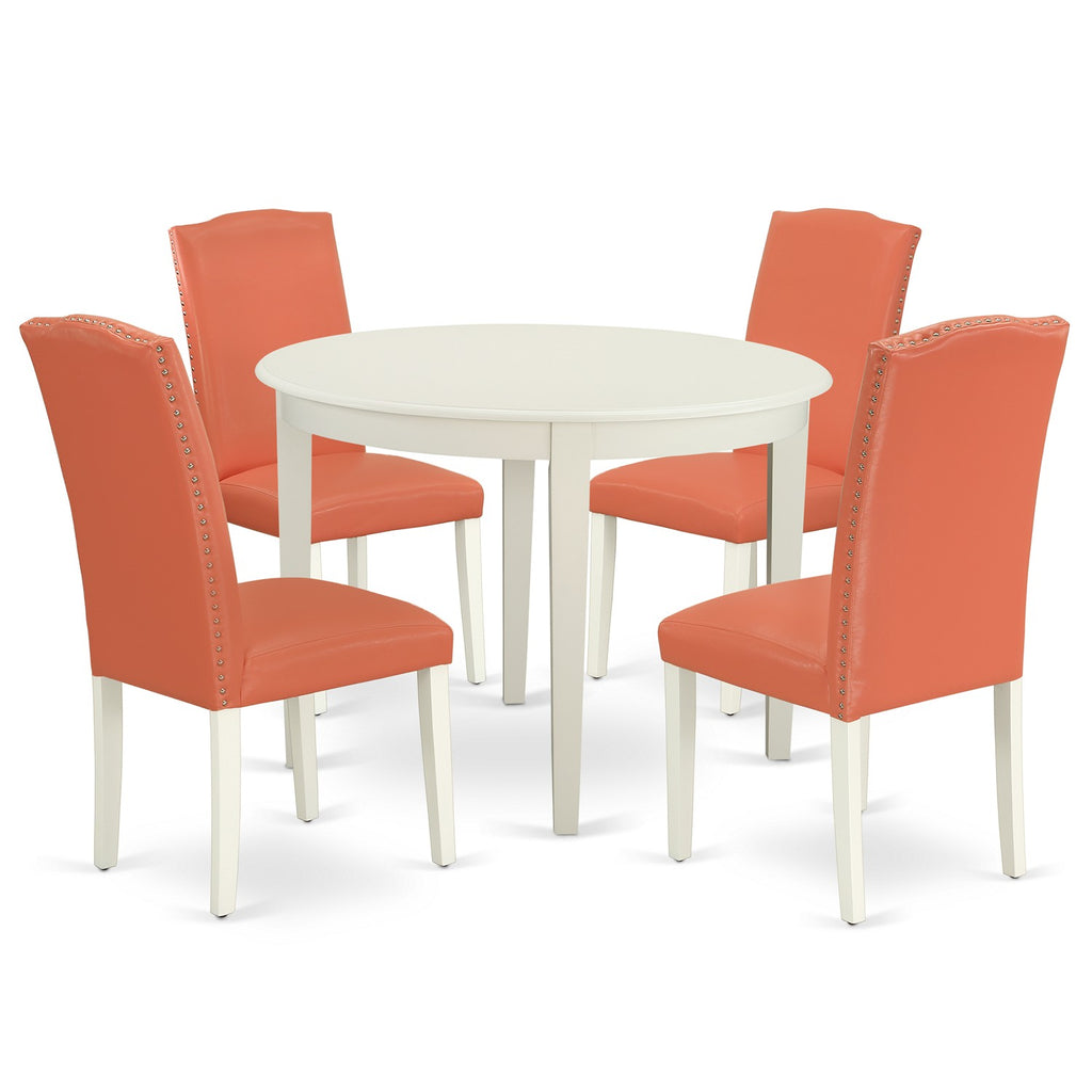 East West Furniture BOEN5-LWH-78 5 Piece Dinette Set for 4 Includes a Round Kitchen Dining Table and 4 Pink Flamingo Faux Leather Upholstered Parson Chairs, 42x42 Inch, Linen White