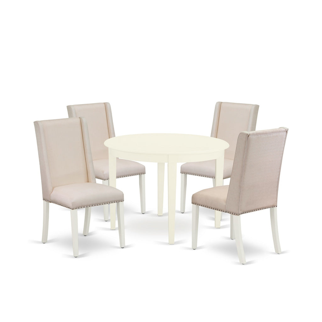 East West Furniture BOFL5-WHI-01 5 Piece Dinette Set for 4 Includes a Round Kitchen Table and 4 Cream Linen Fabric Parson Dining Room Chairs, 42x42 Inch, Linen White