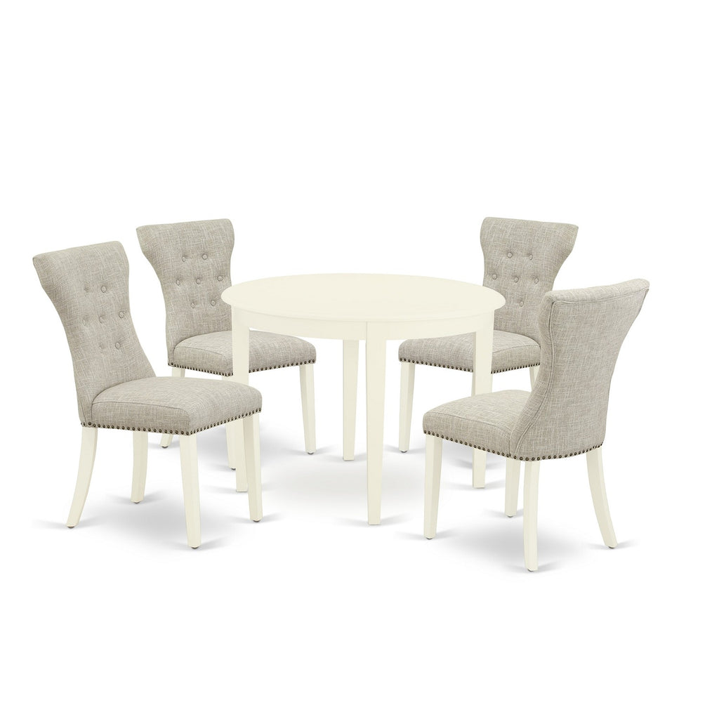 East West Furniture BOGA5-WHI-35 5 Piece Kitchen Table Set for 4 Includes a Round Dining Room Table and 4 Doeskin Linen Fabric Parsons Dining Chairs, 42x42 Inch, Linen White