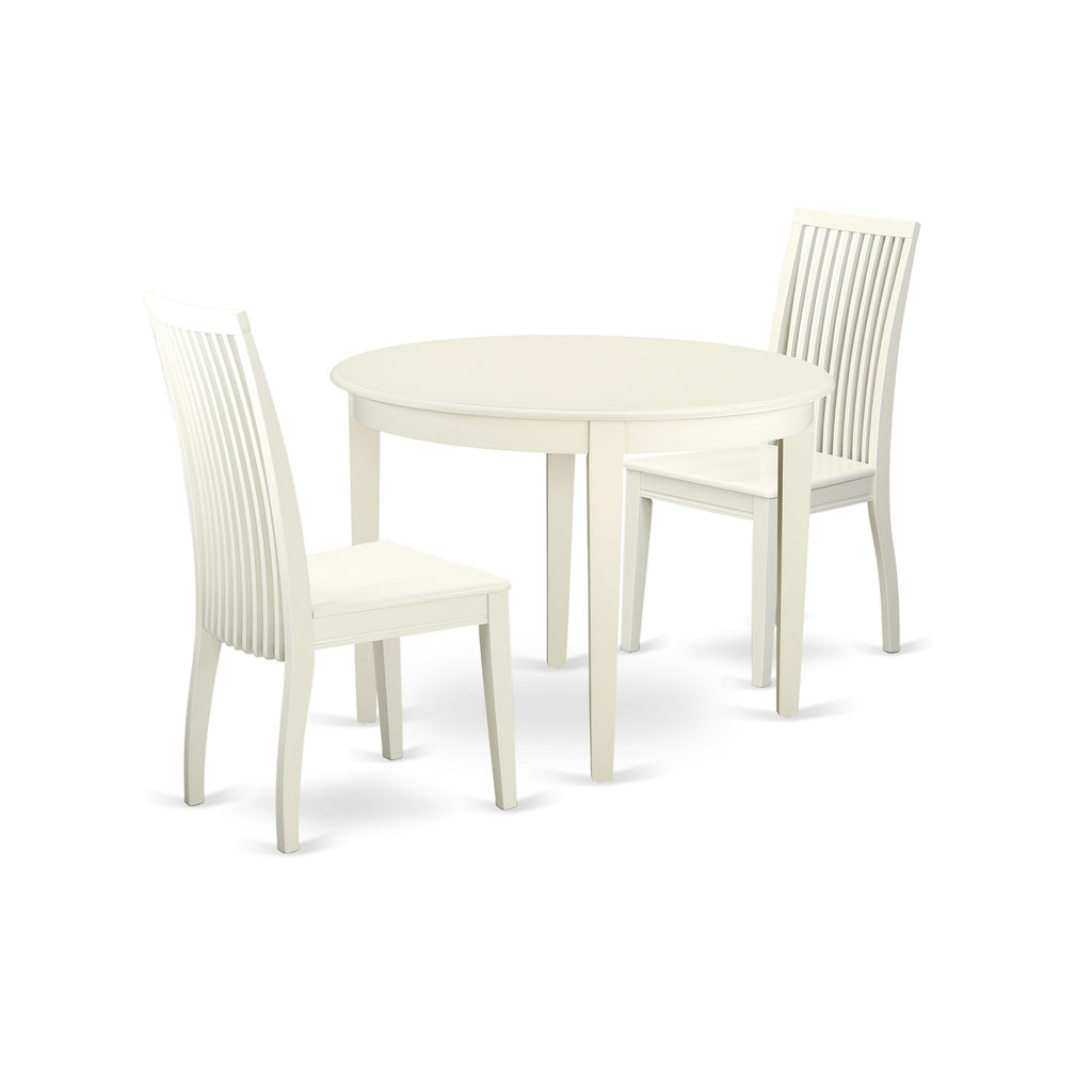 East West Furniture BOIP3-LWH-W 3 Piece Kitchen Table Set for Small Spaces Contains a Round Dining Room Table and 2 Dining Chairs, 42x42 Inch, Linen White