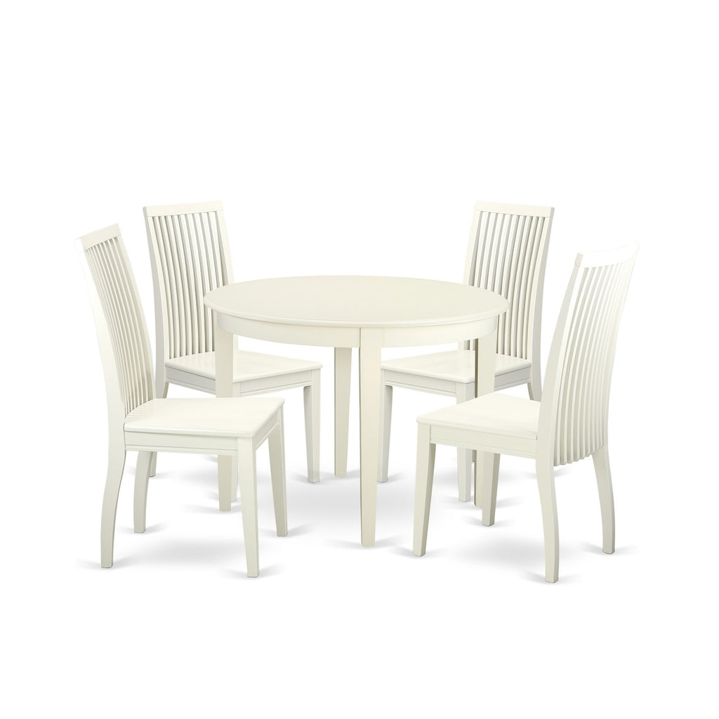East West Furniture BOIP5-LWH-W 5 Piece Kitchen Table Set for 4 Includes a Round Dining Table and 4 Dining Room Chairs, 42x42 Inch, Linen White