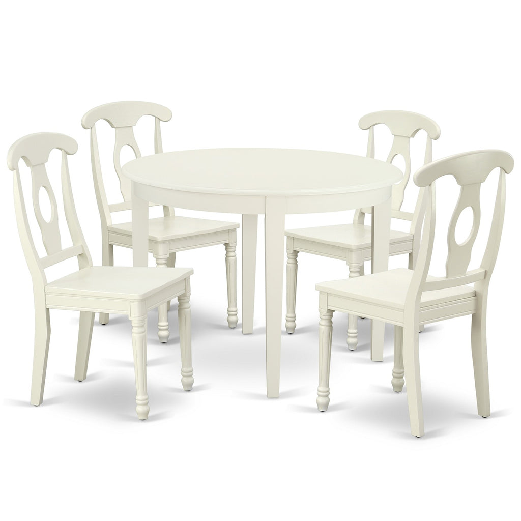 East West Furniture BOKE5-LWH-W 5 Piece Kitchen Table Set for 4 Includes a Round Dining Room Table and 4 Solid Wood Seat Chairs, 42x42 Inch, Linen White
