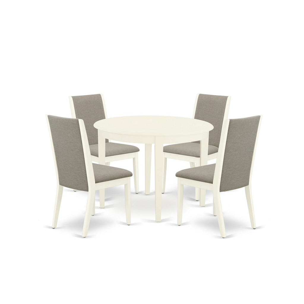 East West Furniture BOLA5-WHI-06 5 Piece Dining Table Set for 4 Includes a Round Kitchen Table and 4 Shitake Linen Fabric Upholstered Parson Chairs, 42x42 Inch, Linen White