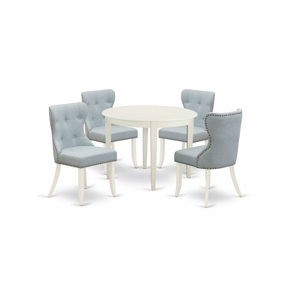 East West Furniture BOSI5-WHI-15 5 Piece Dinette Set for 4 Includes a Round Kitchen Table and 4 Baby Blue Linen Fabric Parsons Dining Chairs, 42x42 Inch, Linen White