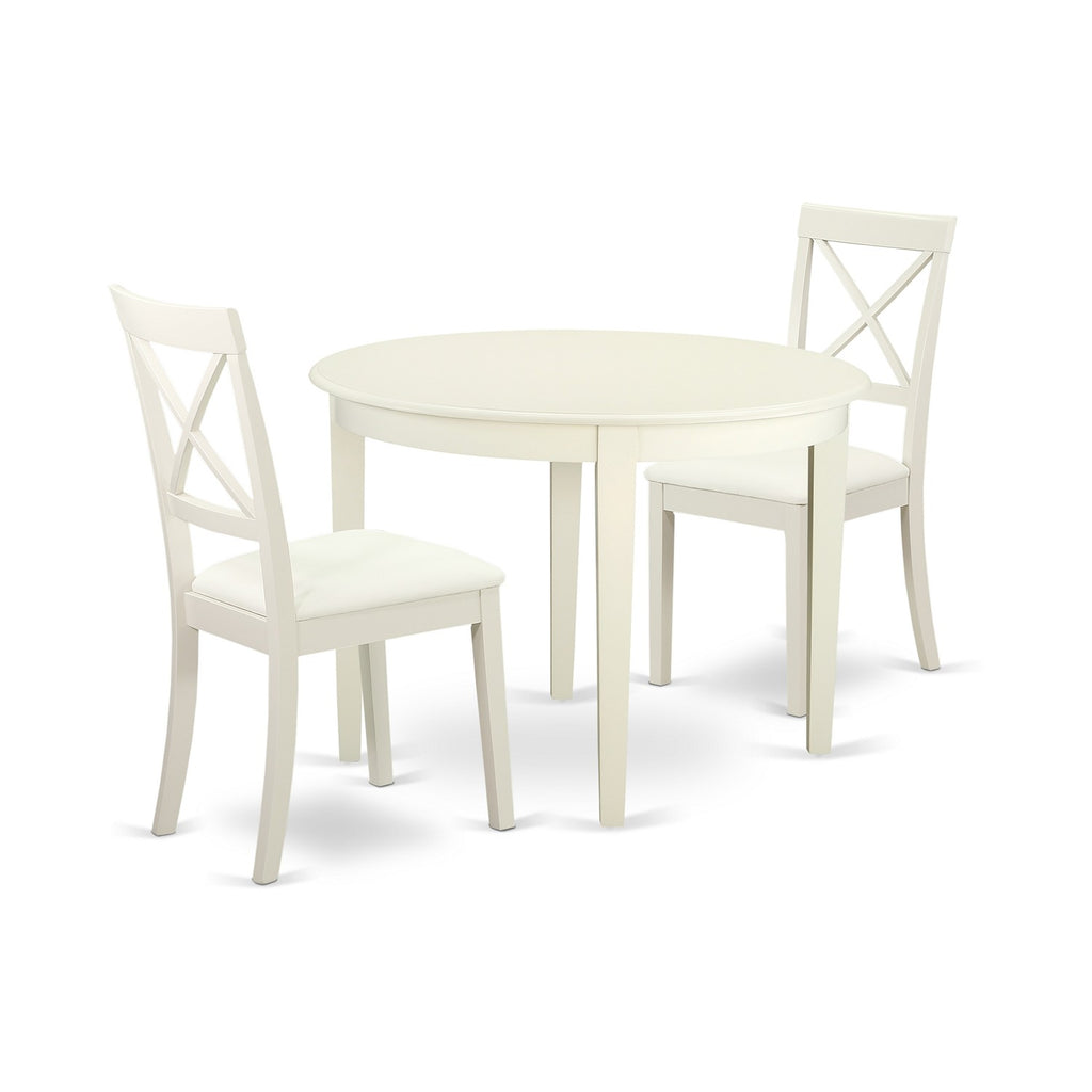 East West Furniture BOST3-LWH-LC 3 Piece Modern Dining Table Set Contains a Round Kitchen Table and 2 Faux Leather Kitchen Dining Chairs, 42x42 Inch, Linen White