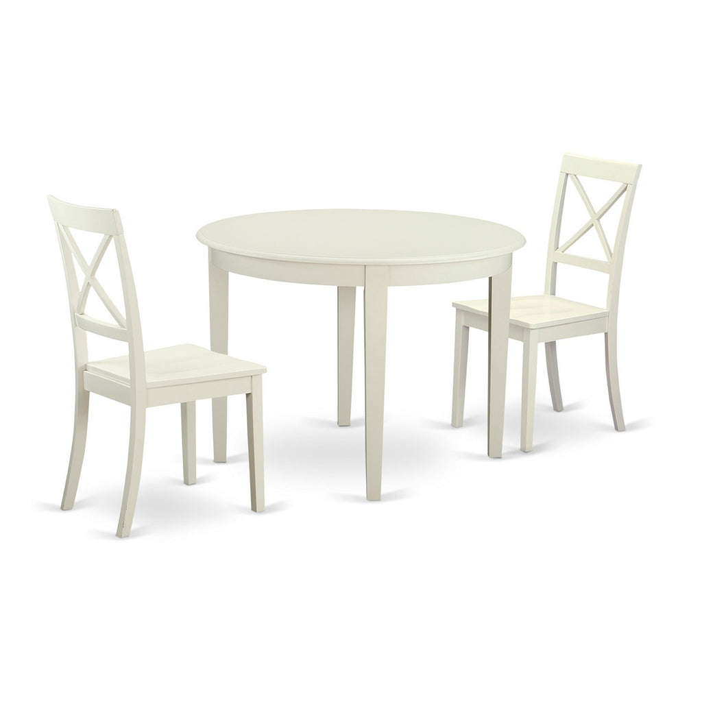 East West Furniture BOST3-WHI-W 3 Piece Kitchen Table Set for Small Spaces Contains a Round Dining Room Table and 2 Solid Wood Seat Chairs, 42x42 Inch, Linen White