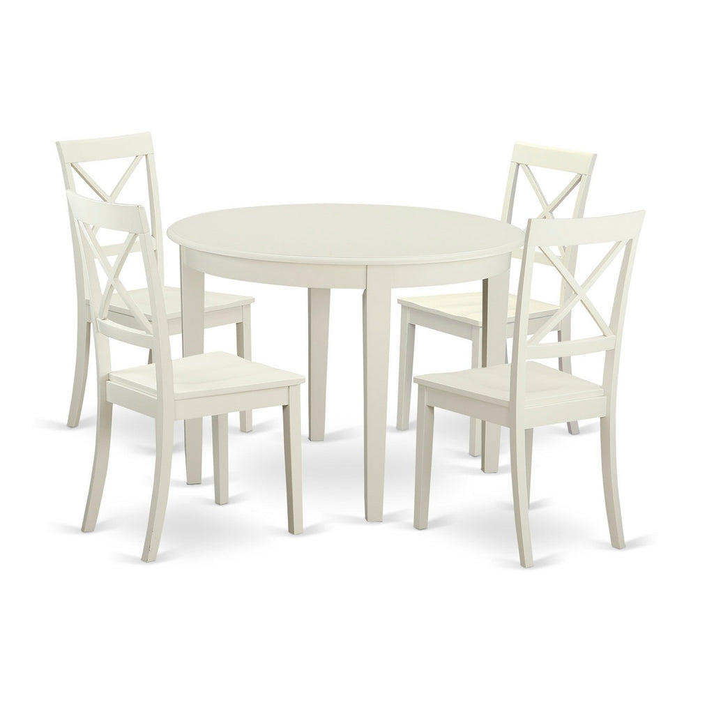 East West Furniture BOST5-WHI-W 5 Piece Modern Dining Table Set Includes a Round Kitchen Table and 4 Kitchen Dining Chairs, 42x42 Inch, Linen White