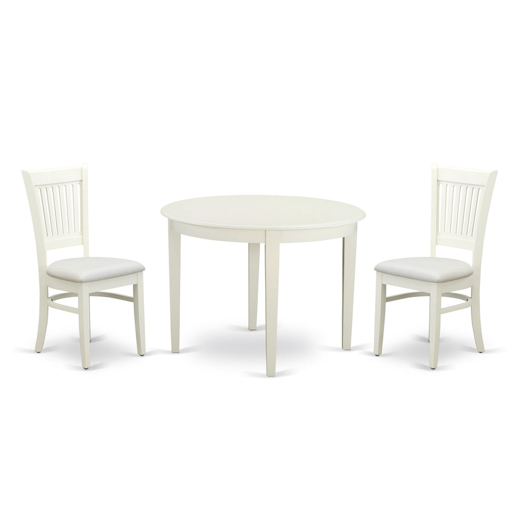 East West Furniture BOVA3-LWH-C 3 Piece Dining Room Furniture Set Contains a Round Dining Table and 2 Linen Fabric Upholstered Chairs, 42x42 Inch, Linen White