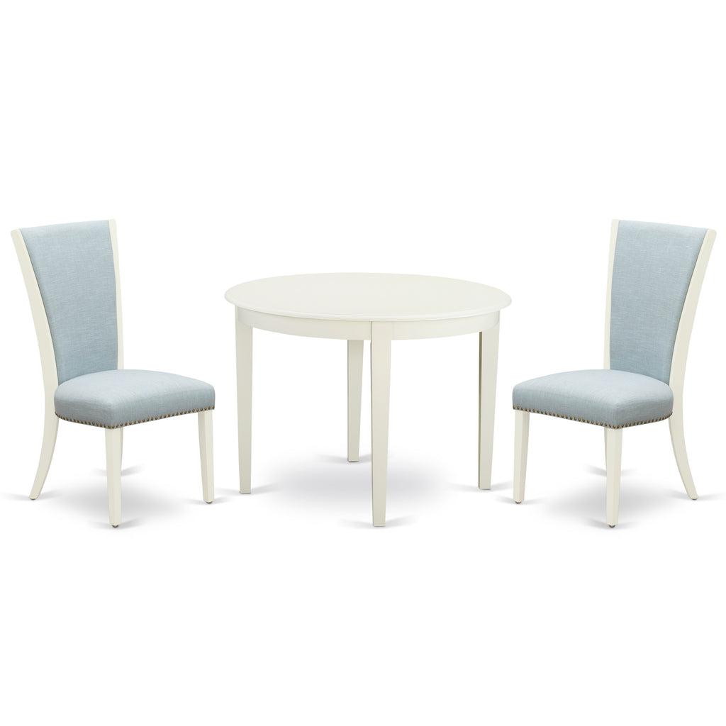 BOVE3-WHI-15 3Pc Dinette Set - 42" Round Table and 2 Parson Chairs - Linen White Color