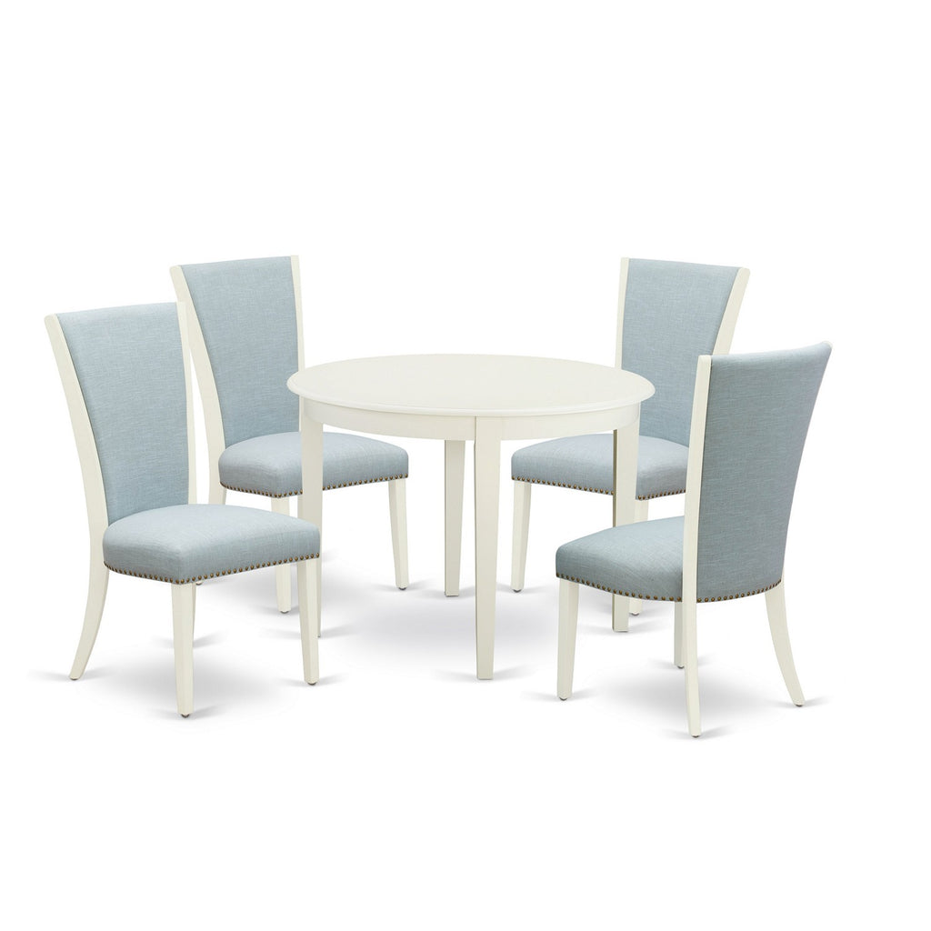 East West Furniture BOVE5-WHI-15 5 Piece Modern Dining Table Set Includes a Round Kitchen Table and 4 Baby Blue Linen Fabric Upholstered Parson Chairs, 42x42 Inch, Linen White