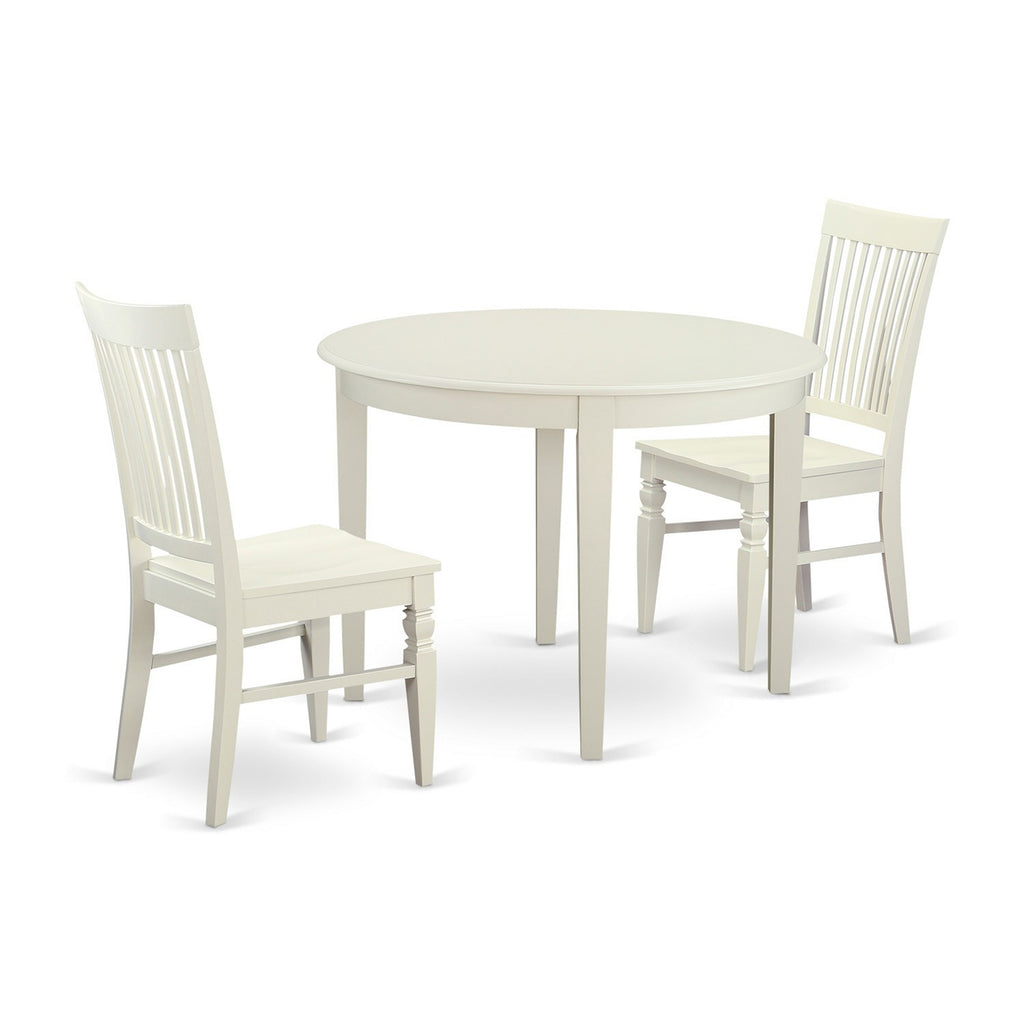 East West Furniture BOWE3-WHI-W 3 Piece Dining Table Set for Small Spaces Contains a Round Kitchen Table and 2 Dining Room Chairs, 42x42 Inch, Linen White