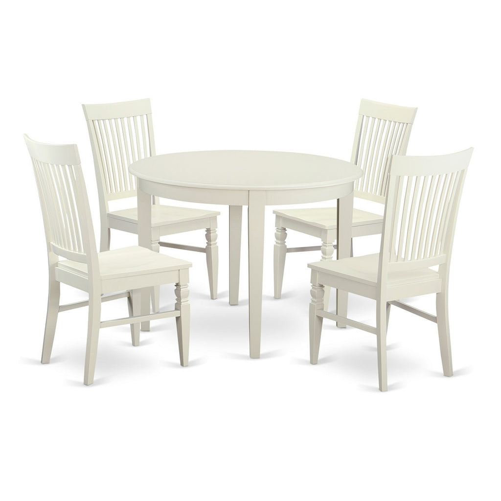East West Furniture BOWE5-WHI-W 5 Piece Dining Room Furniture Set Includes a Round Kitchen Table and 4 Dining Chairs, 42x42 Inch, Linen White