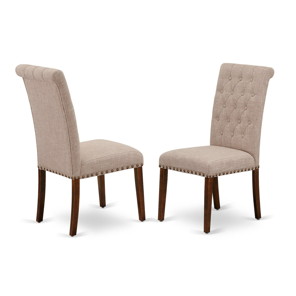 East West Furniture BRP3T04 Bremond Parson Dining Room Chairs - Button Tufted Nailhead Trim Light Tan Linen Fabric Padded Chairs, Set of 2, Mahogany