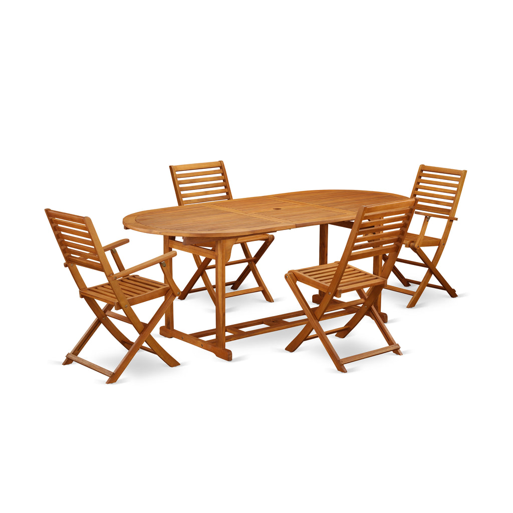 East West Furniture BSBS52CANA 5 Piece Patio Dining Set Includes an Oval Outdoor Acacia Wood Table and 2 Folding Arm Chairs with 2 Side Chairs, 36x78 Inch, Natural Oil