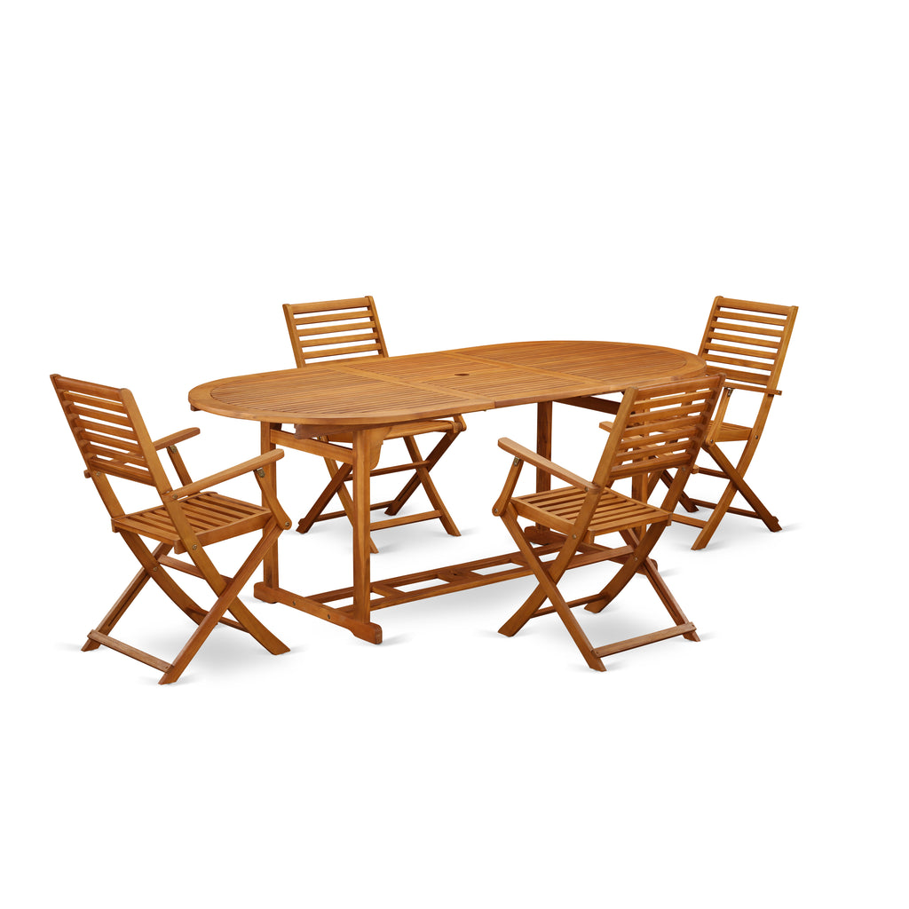 East West Furniture BSBS5CANA 5 Piece Patio Bistro Dining Furniture Set Includes an Oval Outdoor Acacia Wood Table and 4 Folding Arm Chairs, 36x78 Inch, Natural Oil