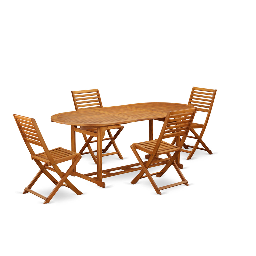 East West Furniture BSBS5CWNA 5 Piece Patio Dining Set Includes an Oval Outdoor Acacia Wood Table and 4 Folding Side Chairs, 36x78 Inch, Natural Oil