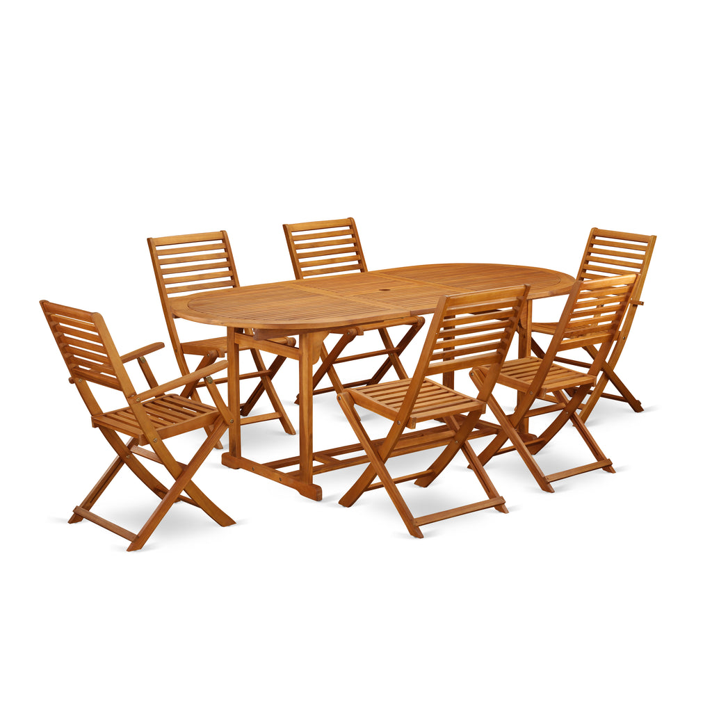 East West Furniture BSBS72CANA 7 Piece Outdoor Patio Dining Sets Consist of an Oval Acacia Wood Table and 2 Folding Arm Chairs with 4 Side Chairs, 36x78 Inch, Natural Oil