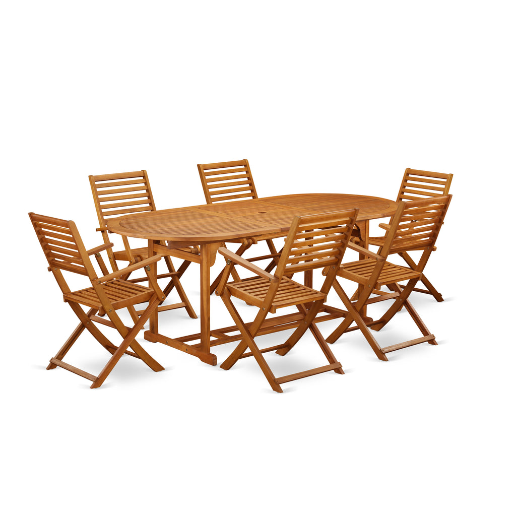 East West Furniture BSBS7CANA 7 Piece Patio Dining Set Consist of an Oval Outdoor Acacia Wood Table and 6 Folding Arm Chairs, 36x78 Inch, Natural Oil
