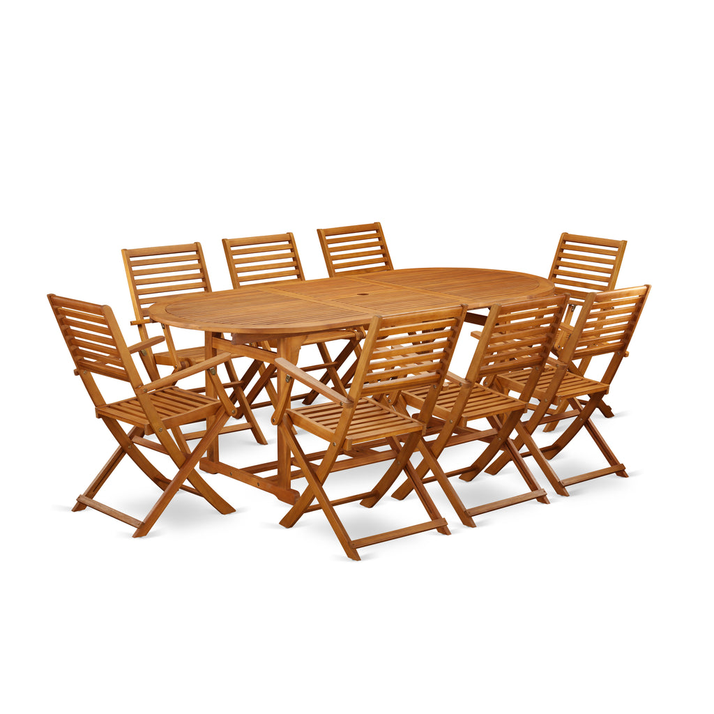 East West Furniture BSBS9CANA 9 Piece Patio Bistro Dining Furniture Set Includes an Oval Outdoor Acacia Wood Table and 8 Folding Arm Chairs, 36x78 Inch, Natural Oil
