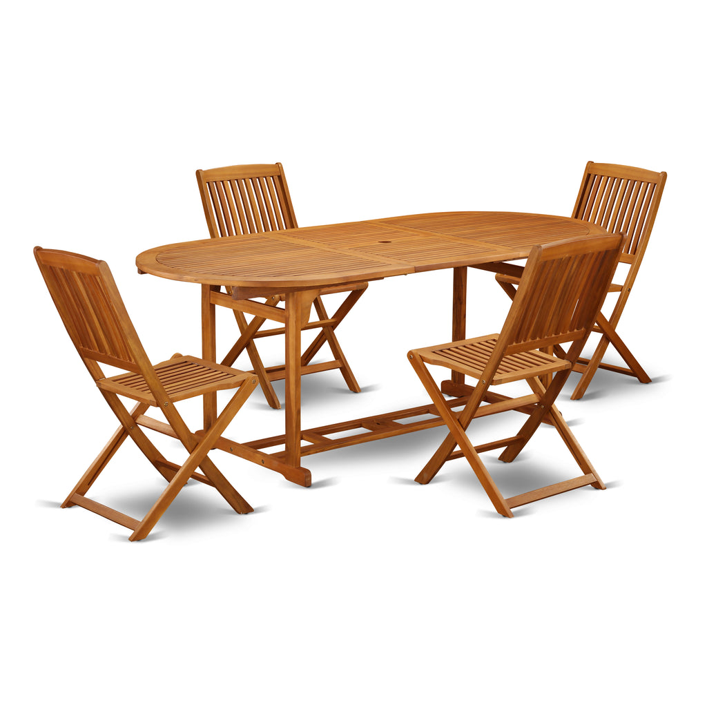 East West Furniture BSCM5CWNA 5 Piece Outdoor Patio Dining Sets Includes an Oval Acacia Wood Table and 4 Folding Side Chairs, 36x78 Inch, Natural Oil