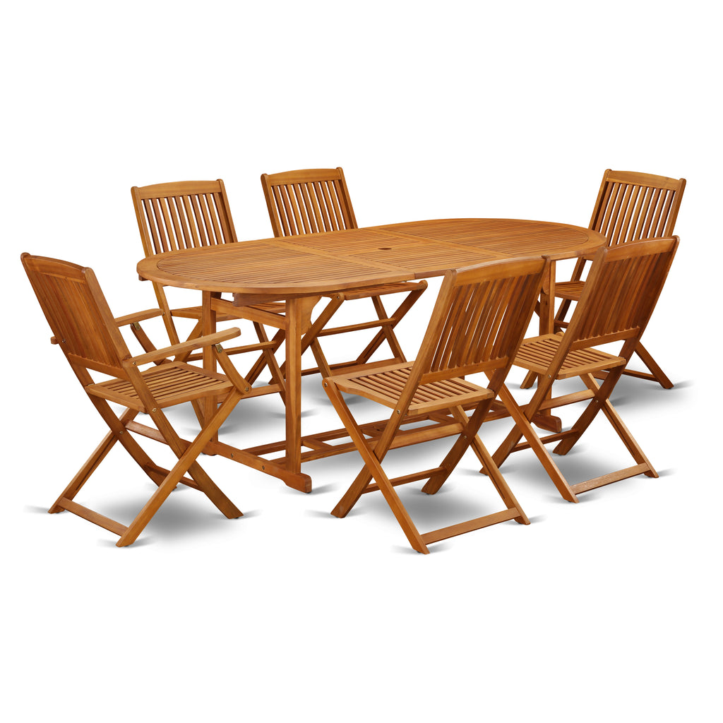 East West Furniture BSCM72CANA 7 Piece Patio Dining Set Consist of an Oval Outdoor Acacia Wood Table and 2 Folding Arm Chairs with 4 Side Chairs, 36x78 Inch, Natural Oil