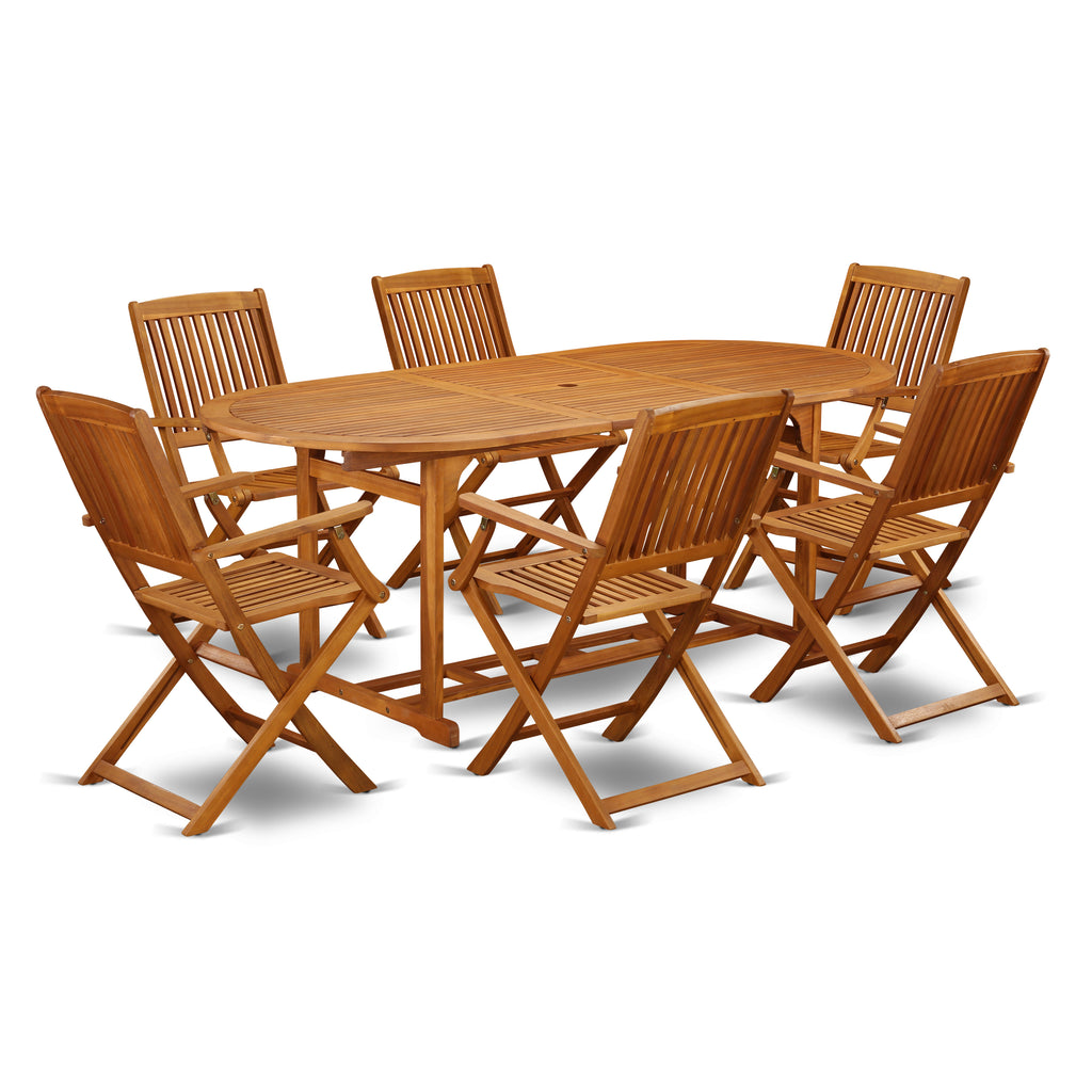 East West Furniture BSCM7CANA 7 Piece Outdoor Patio Dining Sets Consist of an Oval Acacia Wood Table and 6 Folding Arm Chairs, 36x78 Inch, Natural Oil