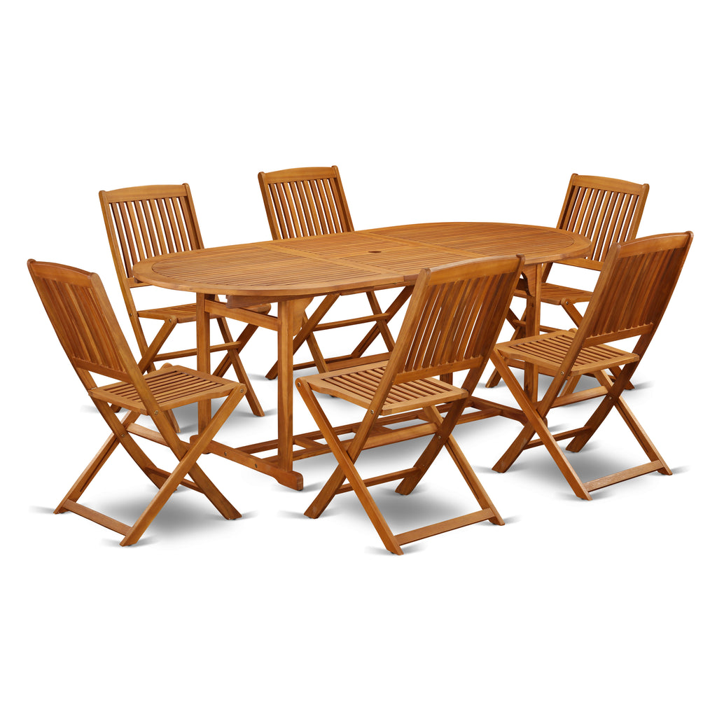 East West Furniture BSCM7CWNA 7 Piece Patio Dining Set Consist of an Oval Outdoor Acacia Wood Table and 6 Folding Side Chairs, 36x78 Inch, Natural Oil