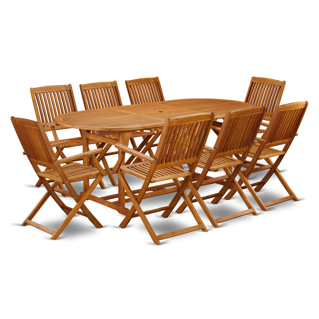 East West Furniture BSCM9CANA 9 Piece Outdoor Patio Dining Sets Includes an Oval Acacia Wood Table and 8 Folding Arm Chairs, 36x78 Inch, Natural Oil
