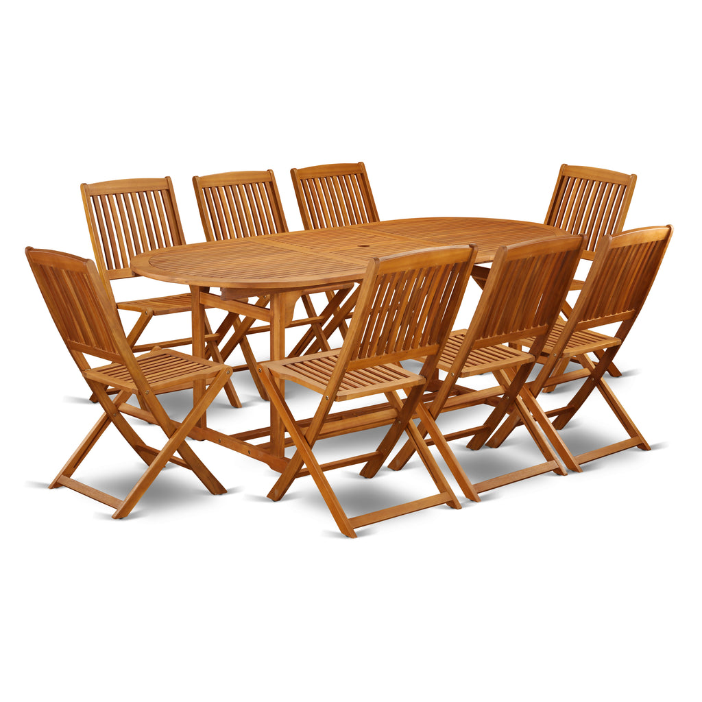 East West Furniture BSCM9CWNA 9 Piece Patio Dining Set Includes an Oval Outdoor Acacia Wood Table and 8 Folding Side Chairs, 36x78 Inch, Natural Oil