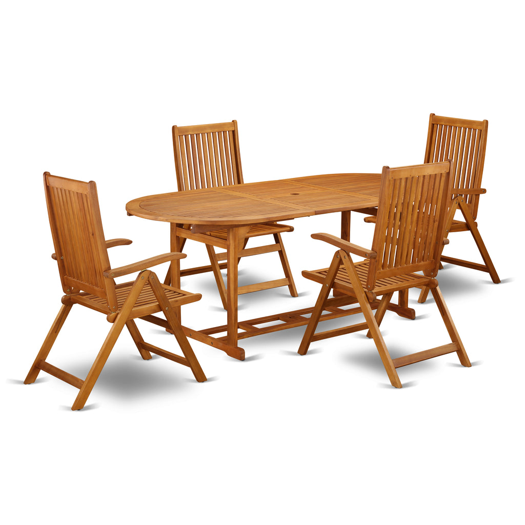 East West Furniture BSCN5NC5N 5 Piece Patio Garden Table Set Includes an Oval Outdoor Acacia Wood Dining Table and 4 Folding Adjustable Arm Chairs, 36x78 Inch, Natural Oil