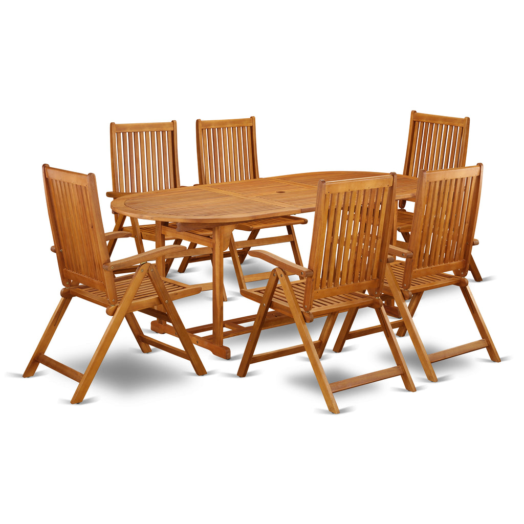 East West Furniture BSCN7NC5N 7 Piece Patio Dining Set Consist of an Oval Outdoor Acacia Wood Table and 6 Folding Adjustable Arm Chairs, 36x78 Inch, Natural Oil