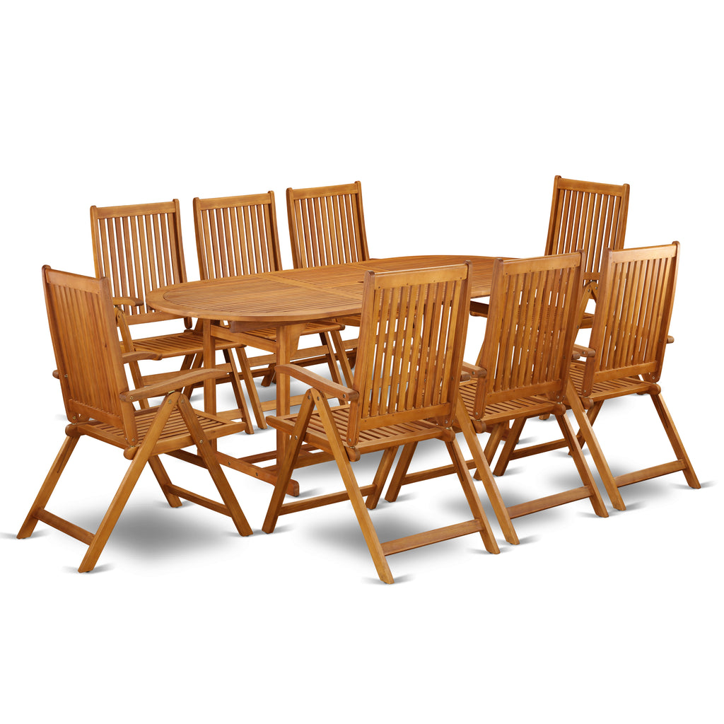 East West Furniture BSCN9NC5N 9 Piece Patio Bistro Dining Furniture Set Includes an Oval Outdoor Acacia Wood Table and 8 Folding Adjustable Arm Chairs, 36x78 Inch, Natural Oil