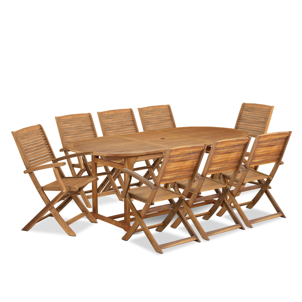 East West Furniture BSHD9CANA 9 Piece Patio Dining Set Consist of an Oval Outdoor Acacia Wood Table and 8 Folding Arm Chairs, 36x78 Inch, Natural Oil