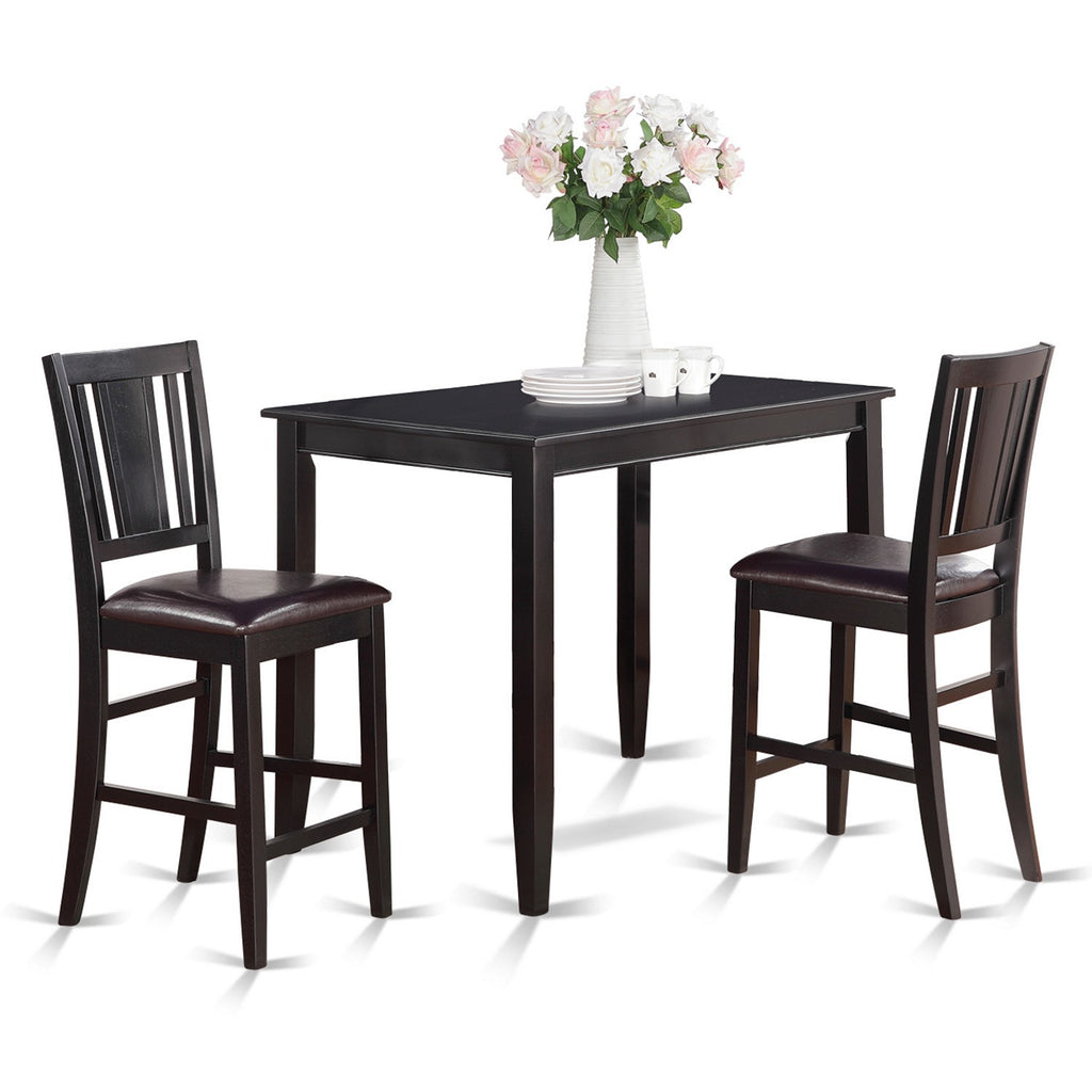 East West Furniture BUCK3-BLK-LC 3 Piece Counter Height Dining Table Set Contains a Rectangle Kitchen Table and 2 Faux Leather Upholstered Dining Chairs, 30x48 Inch, Black