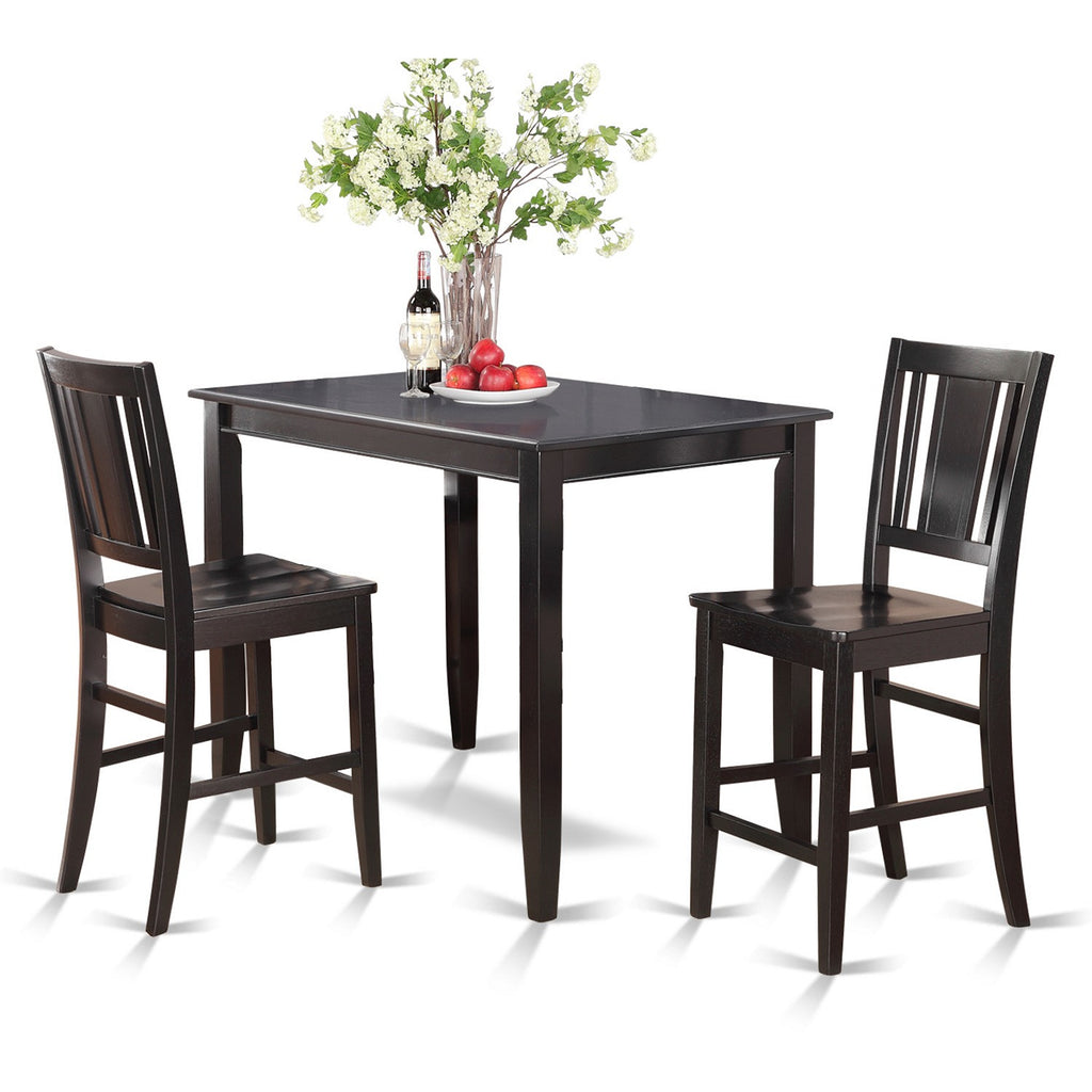 East West Furniture BUCK3-BLK-W 3 Piece Kitchen Counter Height Dining Table Set Contains a Rectangle Dining Room Table and 2 Wooden Seat Chairs, 30x48 Inch, Black