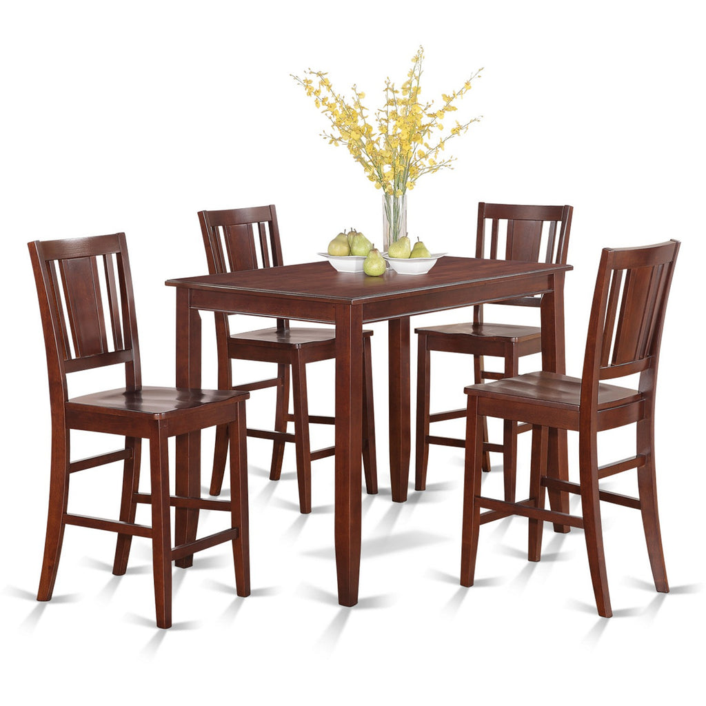 East West Furniture BUCK5-MAH-W 5 Piece Counter Height Dining Set Includes a Rectangle Dining Room Table and 4 Wood Seat Chairs, 30x48 Inch, Mahogany