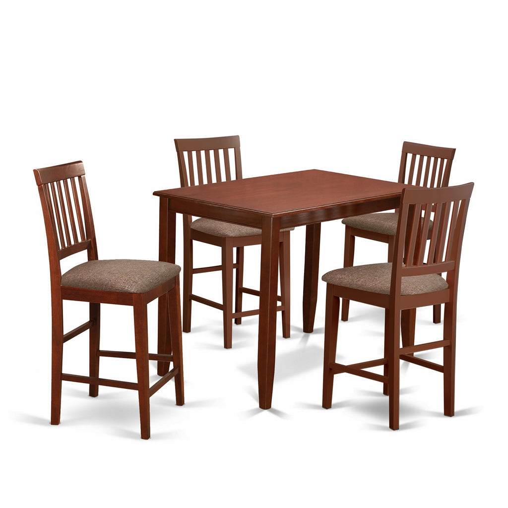 East West Furniture BUVN5-MAH-C 5 Piece Counter Height Pub Set Includes a Rectangle Dining Table and 4 Linen Fabric Dining Room Chairs, 30x48 Inch, Mahogany