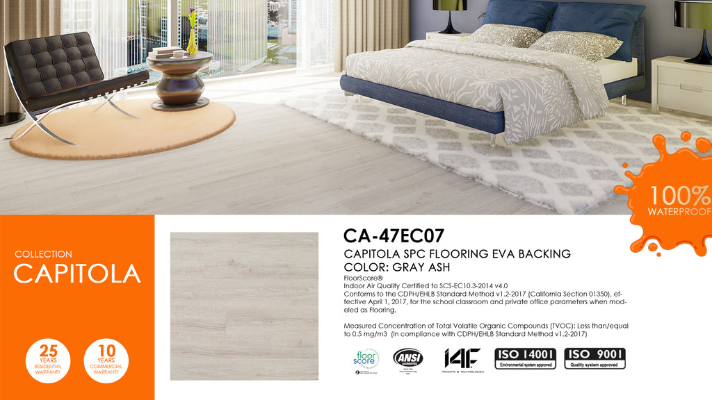 East West Furniture CA-47EC07 Capitola SPC Vinyl Flooring - 4mm x 7 in x 48 in with 20mil Wear Layer and I4F Click Locking EVA Backing Floor Planks, 30 sqft/Case, Gray Ash