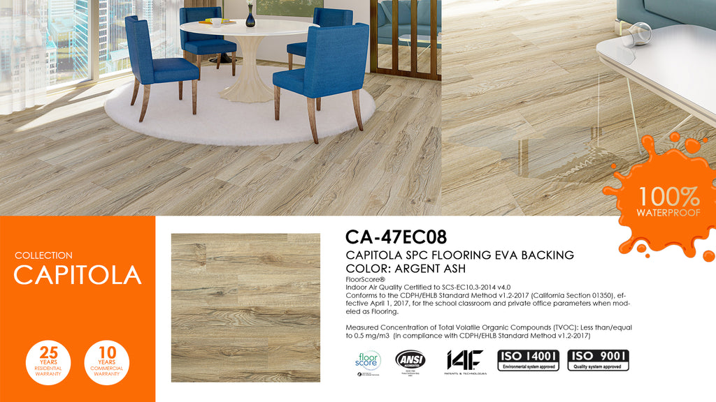 East West Furniture CA-47EC08 Capitola SPC Vinyl Floor Tiles - 4mm x 7 in x 48 in with 20mil Wear Layer and I4F Click Locking EVA Backing Flooring Planks, 30 sqft/Case, Argent Ash
