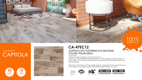 East West Furniture CA-47EC12 Capitola SPC Vinyl Flooring - 4mm x 7 in x 48 in with 20mil Wear Layer and I4F Click Locking EVA Backing Floor Planks, 30 sqft/Case, Polar Gray