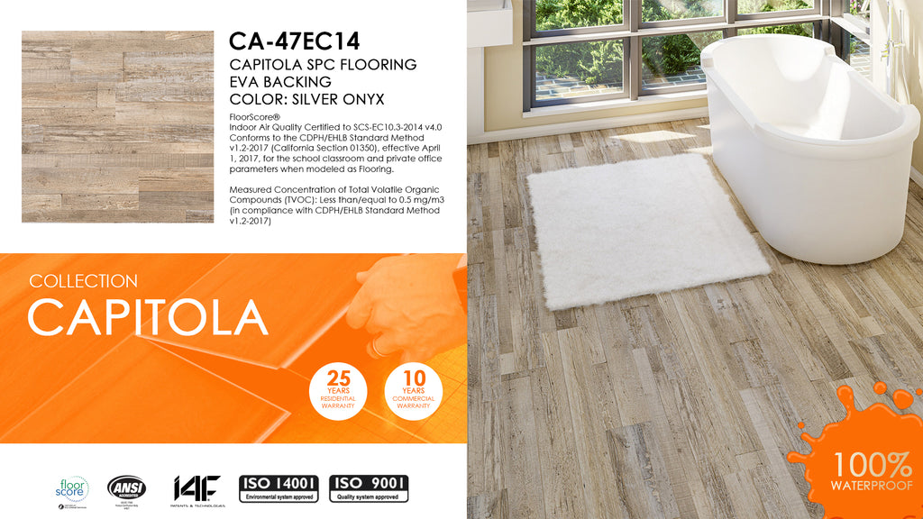 East West Furniture CA-47EC14 Capitola SPC Vinyl Floor Tiles - 4mm x 7 in x 48 in with 20mil Wear Layer and I4F Click Locking EVA Backing Flooring Planks, 30 sqft/Case, Silver Onyx